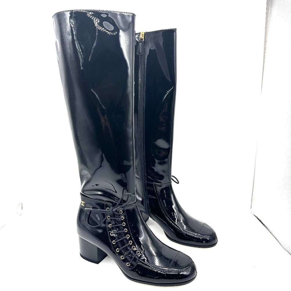 CHANEL 15A Patent Calf Leather Knee High Tall Lace Up Boots Shoes - Picture 7 of 16